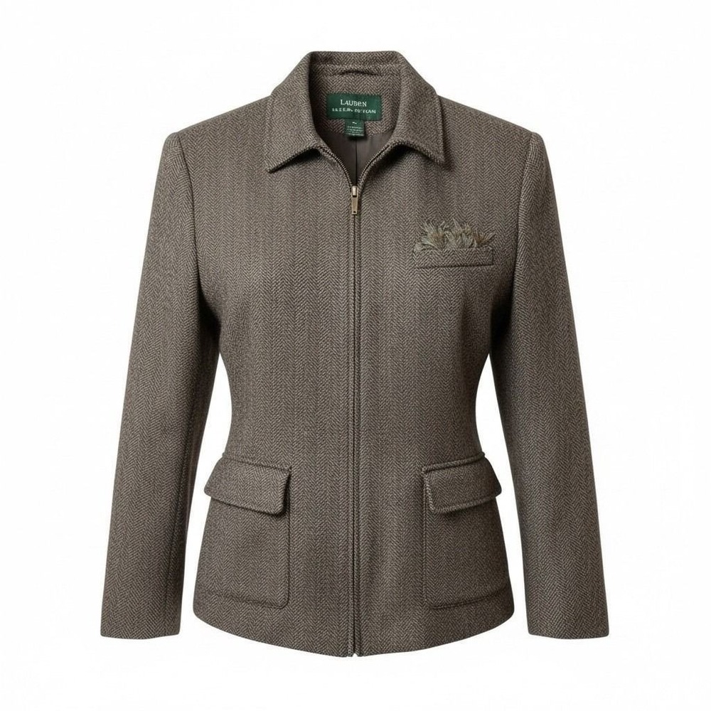 Ralph Lauren Jacket Womens 10 Brown Herringbone Wool Zip Blazer Fall preppy